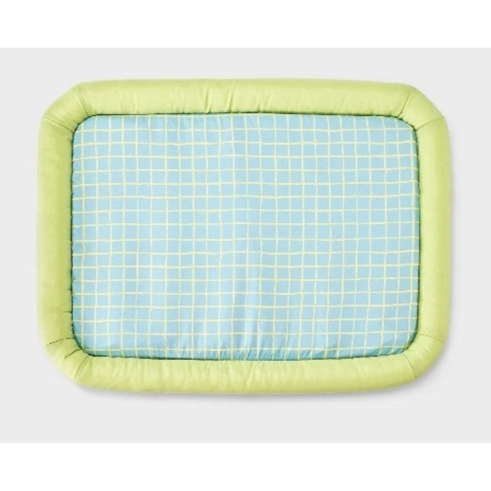 Boots and Barkley Cooling Dog Bolster Bed Green Blue Grid S/M Mat